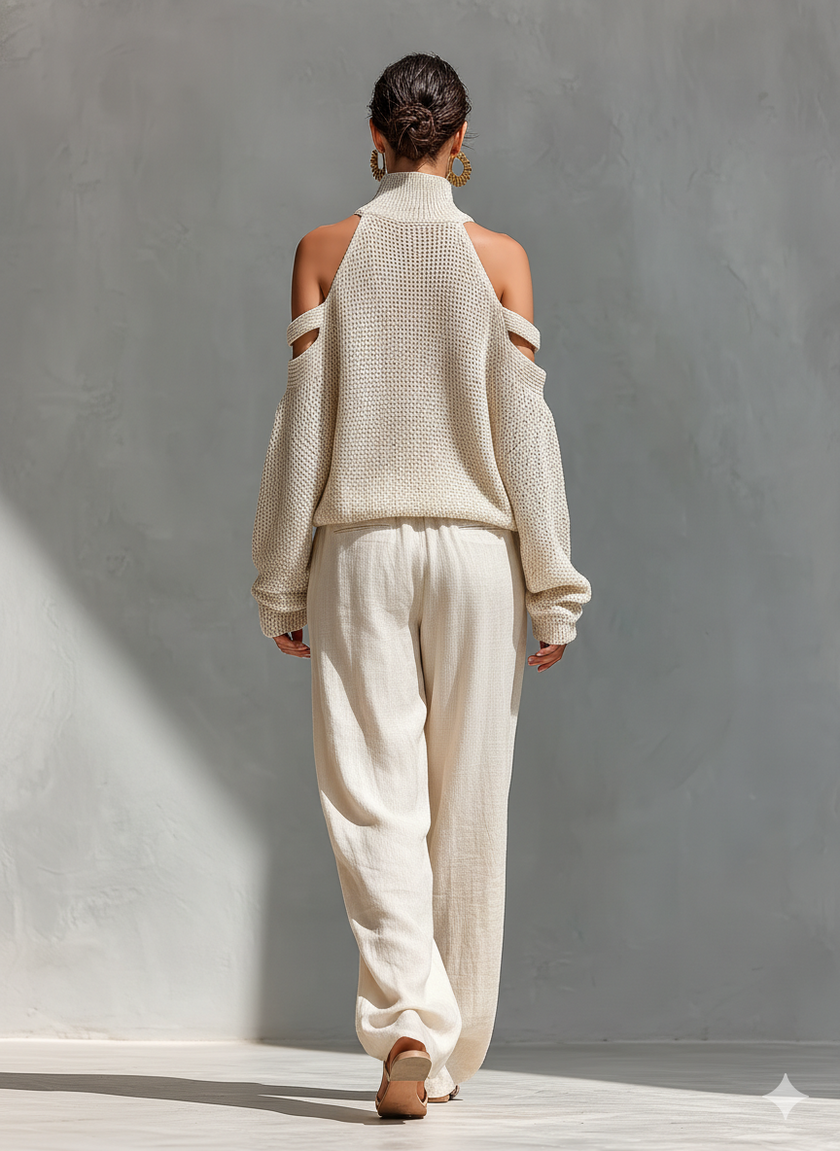 Women’s beige linen-blend high-waisted wide-leg trousers with pockets, by FJØRNA, featuring a relaxed fit and stylish design.