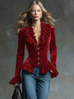 FJØRNA Cocoa Brown Velvet V-Neck Ruffled Long Sleeve Blouse showing ruffle details and v-neck design on soft velvet fabric.
