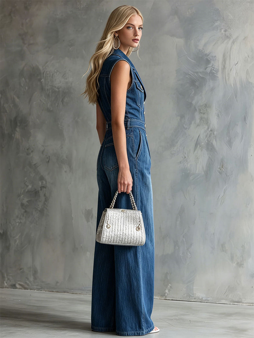 Blue washed denim sleeveless jumpsuit with collar for women by FJØRNA, shown hanging on a white background.
