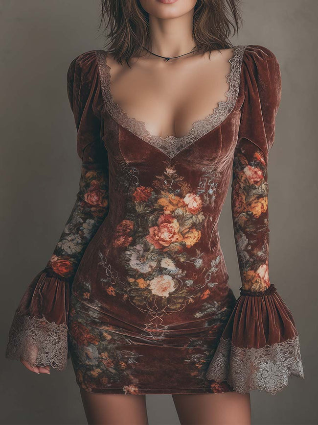 FJØRNA vintage floral velvet lace mini dress hanging on a wooden hanger, showcasing its intricate lace and floral pattern.