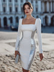 FJØRNA white sequin side dress with square neckline, featuring shimmering sequins and elegant fit, perfect for special occasions.