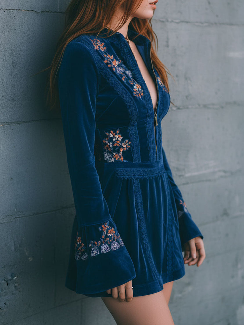 Blue Velvet Embroidered Mini Dress | Casual Dress