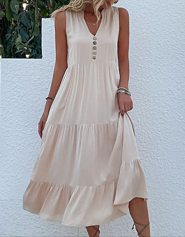 FJØRNA summer casual wedding dress with sleeveless design, lightweight fabric, and elegant flowy silhouette.