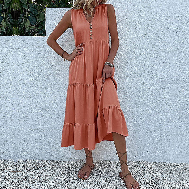 FJØRNA summer casual wedding dress, lightweight and flowy, featuring a sleeveless design and soft fabric perfect for warm weather.