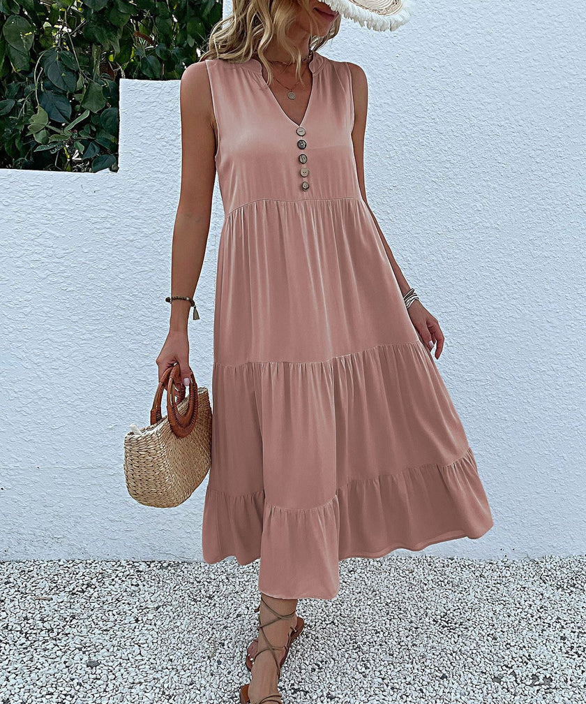 FJØRNA summer casual wedding dress with sleeveless design, lightweight fabric, and elegant style perfect for outdoor celebrations.