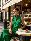 FJØRNA linen-blend sleeveless jumpsuit for women with stand collar, single-breasted design, loose-fit pants, casual and stylish.