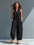 FJØRNA linen blend sleeveless jumpsuit for women with stand collar, button-up front, loose fit, and pant style design.
