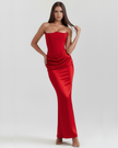 FJØRNA women's strapless maxi dress with ruched detail, featuring a topaz-colored fabric and a flattering silhouette.