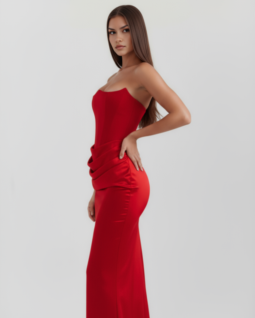 FJØRNA women's strapless corset maxi dress with ruched detail, featuring a sleek topaz color and fitted silhouette.