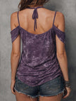 Purple boho tie-dye FJØRNA women's strappy cami top with short sleeves, featuring a relaxed fit and vibrant tie-dye pattern.