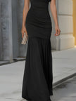 FJØRNA draped high-neck ruched mermaid maxi dress for women, showcasing a fitted silhouette and elegant design.