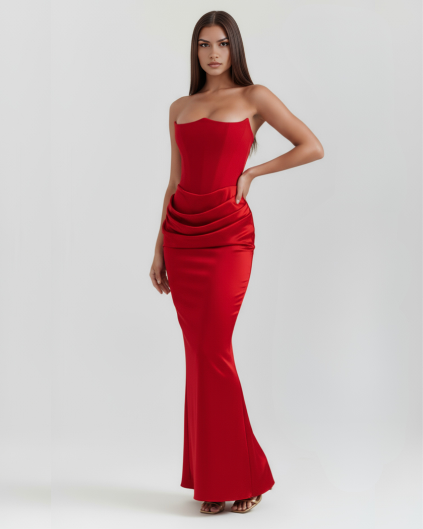 FJØRNA women's strapless corset maxi dress with ruched detail, featuring a sleek design and elegant fit for formal occasions.