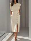 FJØRNA high waisted split-front maxi dress showing elegant design and flowing fabric, perfect for formal occasions.