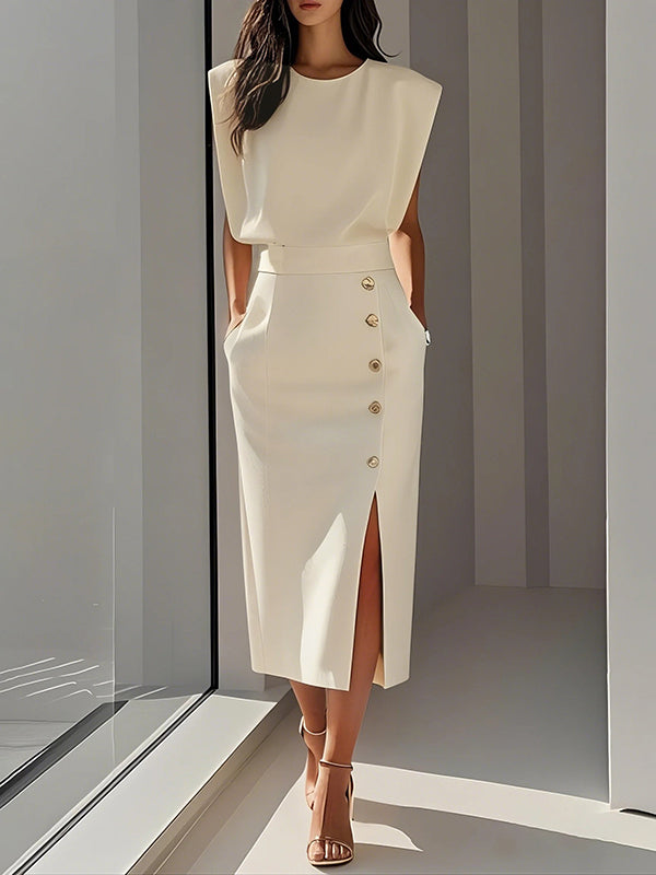 FJØRNA high waisted split-front maxi dress showing elegant design and flowing fabric, perfect for formal occasions.