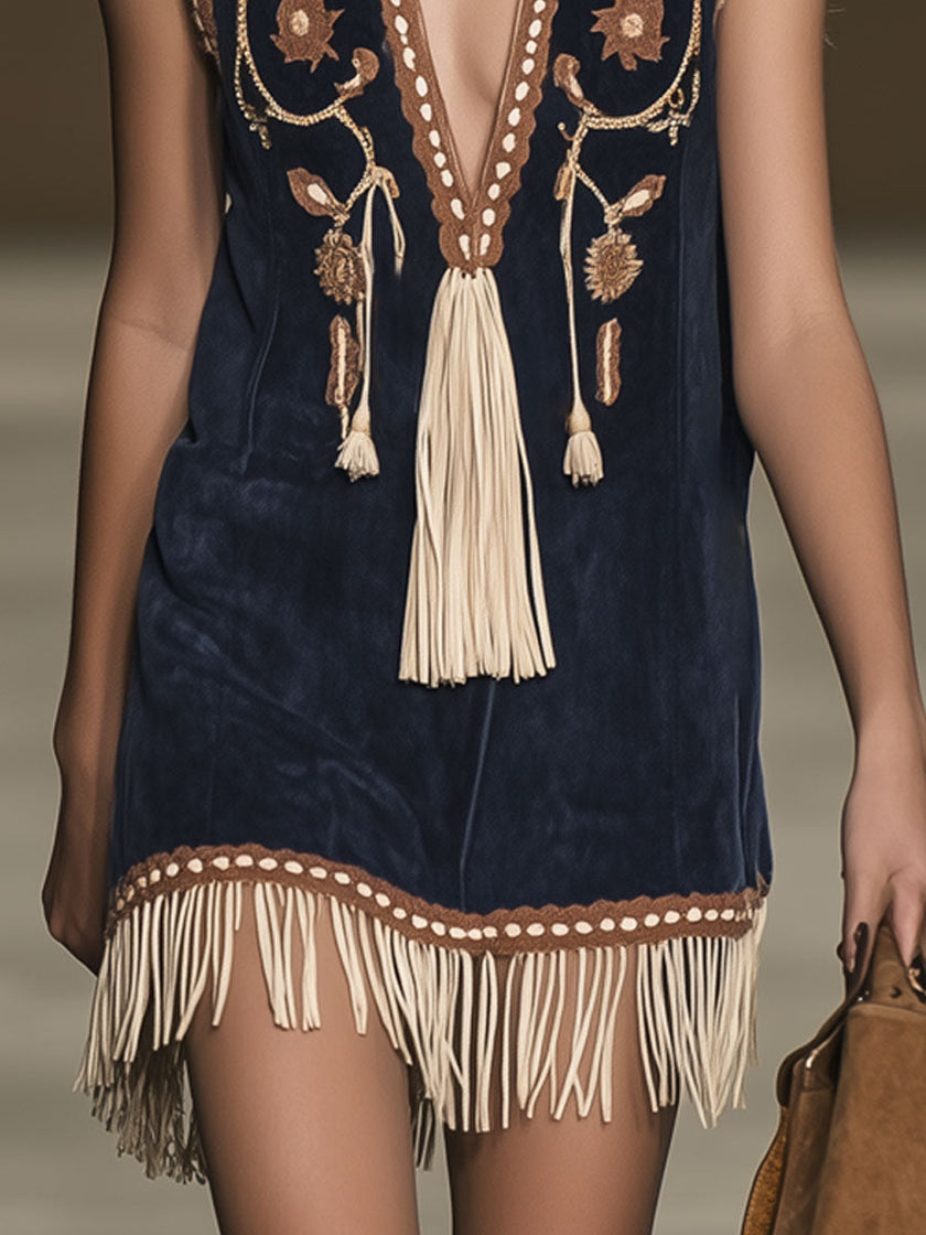 Red Faux Suede Tassel Mini Western Dress Western | Casual Dress