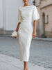 FJØRNA boat neck short sleeve tailored midi dress displayed on a hanger, showcasing its elegant design and classic silhouette.