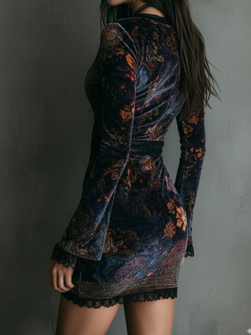 Boho Floral Print V-Neck Velvet Bodycon Women's Mini Dress