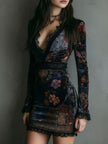 Boho Floral Print V-Neck Velvet Bodycon Women's Mini Dress