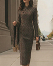 FJØRNA classic houndstooth long-sleeve midi dress for women, tailored fit with a stylish and elegant design.