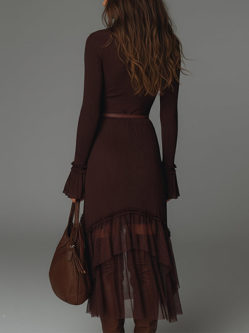 FJØRNA mesh pleated midi casual dress with a flowy silhouette and lightweight fabric, perfect for everyday wear.