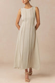 FJØRNA solid color round neck sleeveless pleated maxi dress, casual wedding dress, elegant and comfortable for summer occasions.