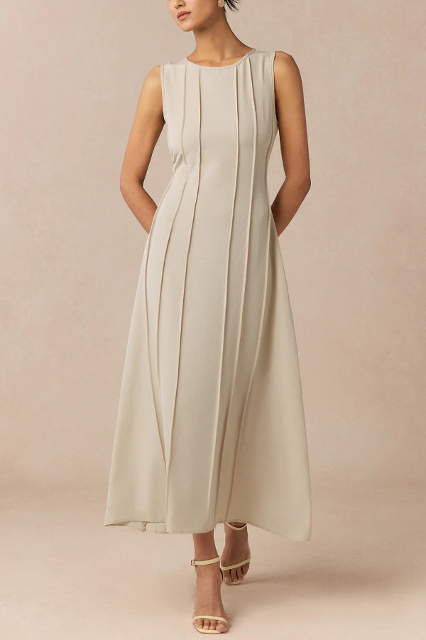 FJØRNA solid color round neck sleeveless pleated maxi dress, casual wedding dress, elegant and comfortable for summer occasions.