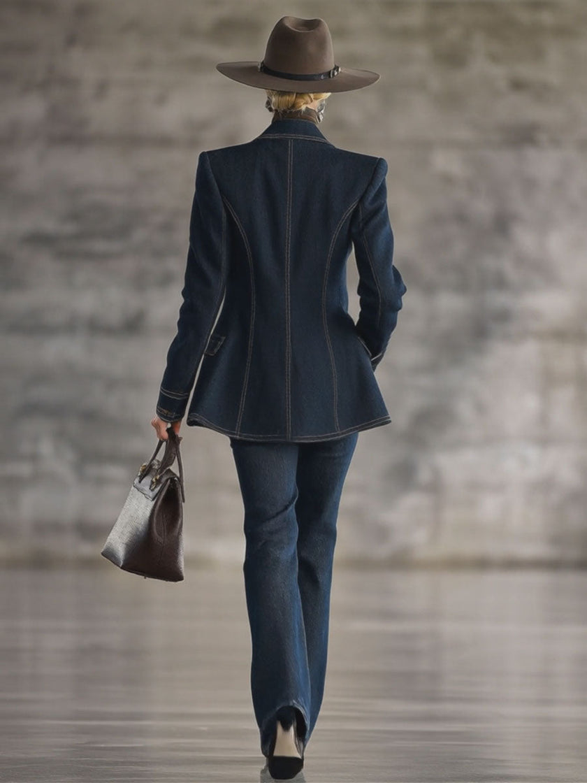 FJØRNA navy topstitched denim jacket for women, featuring classic design, front pockets, and button closure.