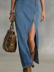 Denim V-Neck Maxi Dress Button For Women