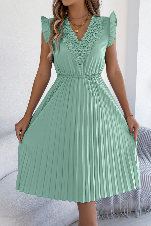 FJØRNA solid color V-neck sleeveless midi dress with lace trim and pleated skirt, casual and elegant for summer wear