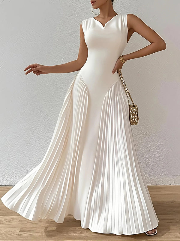 FJØRNA white A-line maxi dress with loose pleats, V-neck, and solid color, flowing and elegant for casual or formal wear