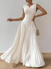 FJØRNA white A-line maxi dress with loose pleats, V-neck, and solid color, flowing and elegant for casual or formal wear