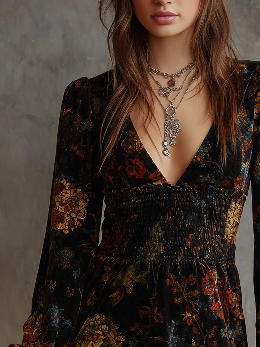 FJØRNA women's mini dress featuring retro floral print, pleated waist, and velvet fabric, perfect for stylish casual wear
