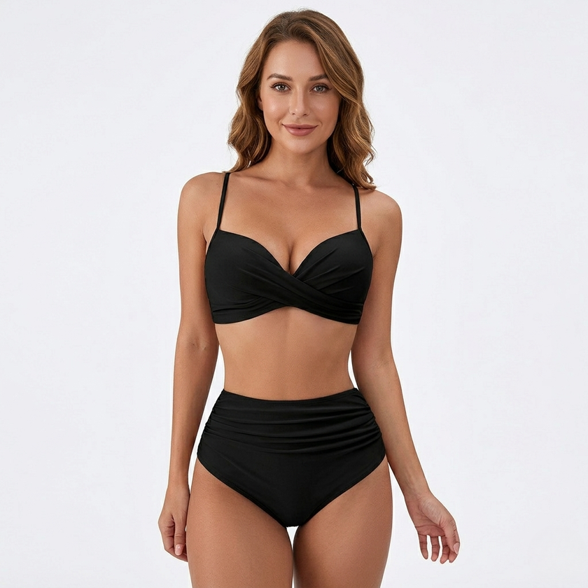 FJØRNA women's high-waisted bikini with ruched textured top and matching bottom, perfect for beach or poolside wear.