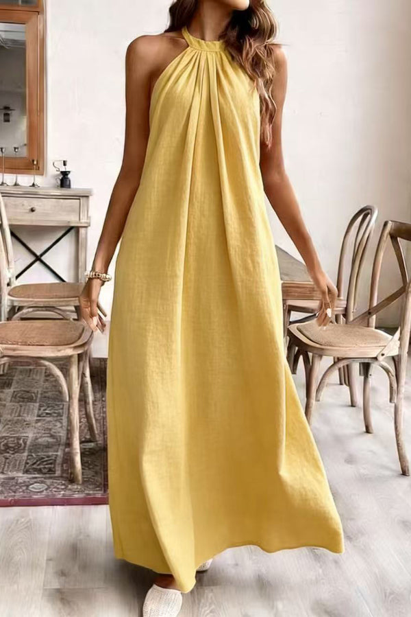 FJØRNA solid color loose halter neck backless casual maxi dress, perfect for casual wear or weddings, with flowing silhouette.