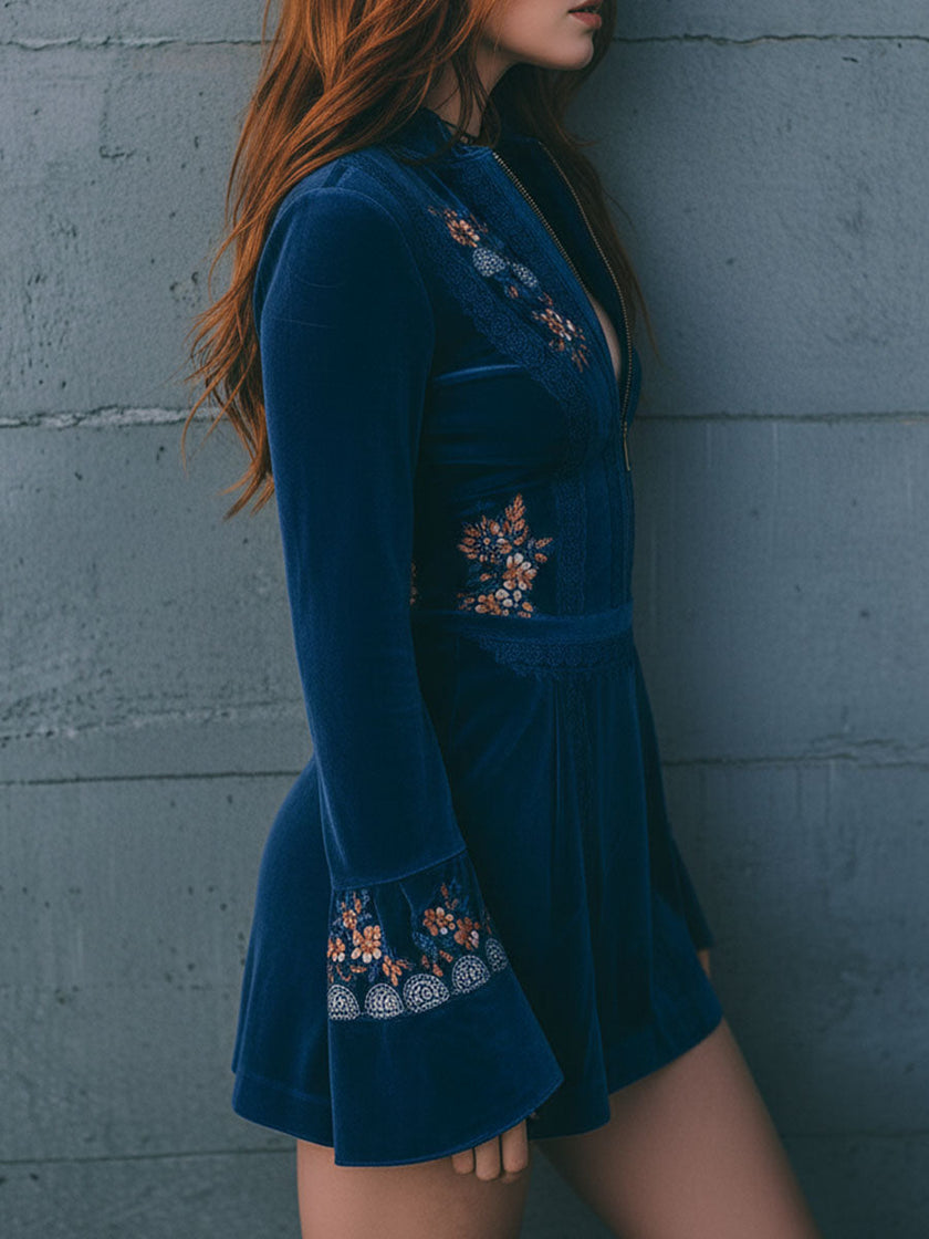Blue Velvet Embroidered Mini Dress | Casual Dress