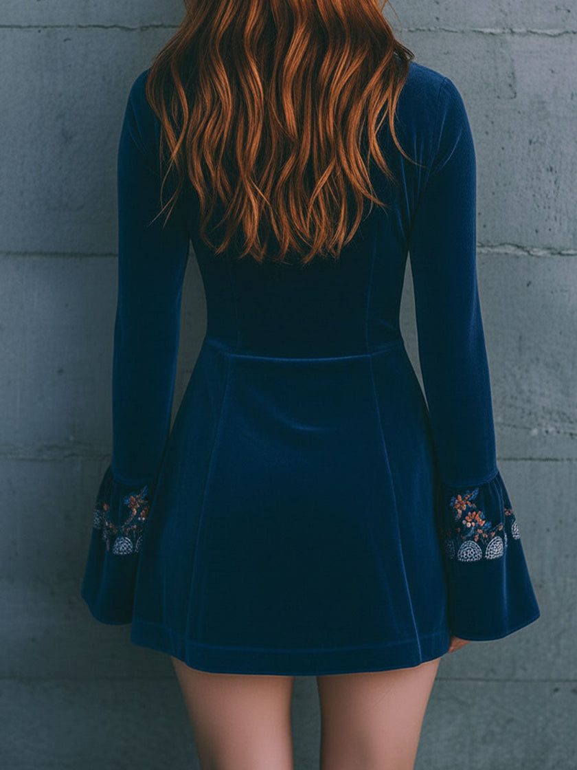 Blue Velvet Embroidered Mini Dress | Casual Dress