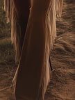 Brown Western fringe flared jeans for women by FJØRNA, featuring a stylish flare and fringe details in a casual pants style.
