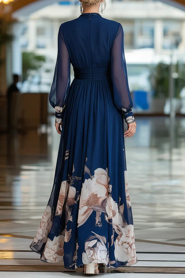 FJØRNA floral print patchwork mesh long-sleeved V-neck fitted waist maxi dress showing vibrant floral patterns and elegant design