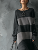 FJØRNA retro round neck contrast color knitted midi dress, showcasing a stylish, fitted design with contrasting color accents.
