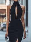 FJØRNA black halter neck slit gown, elegant maxi dress with sleek design and flowing fabric, perfect for formal occasions.