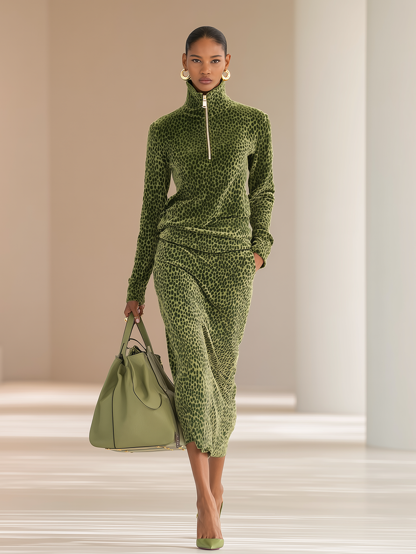 FJØRNA green leopard print velvet top and skirt set, stylish matching set with bold animal print and soft velvet fabric.