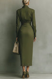 White FJØRNA solid color lapel long sleeve midi dress with pocket, slim-fit, asymmetrical hem, and elegant design.