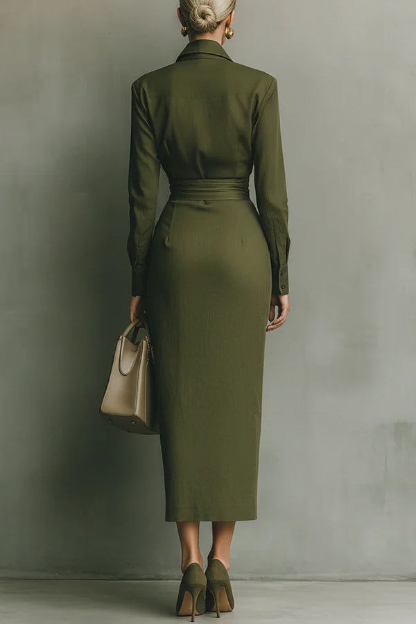 White FJØRNA solid color lapel long sleeve midi dress with pocket, slim-fit, asymmetrical hem, and elegant design.