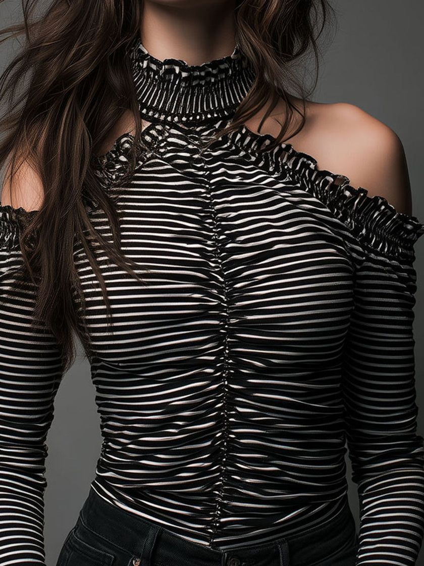 Black striped high neck cold-shoulder ruched t-shirt by FJØRNA showing the stylish design and ruched detail on the fabric.
