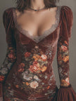 FJØRNA vintage floral velvet lace mini dress with long sleeves, fitted silhouette, and intricate lace detailing.
