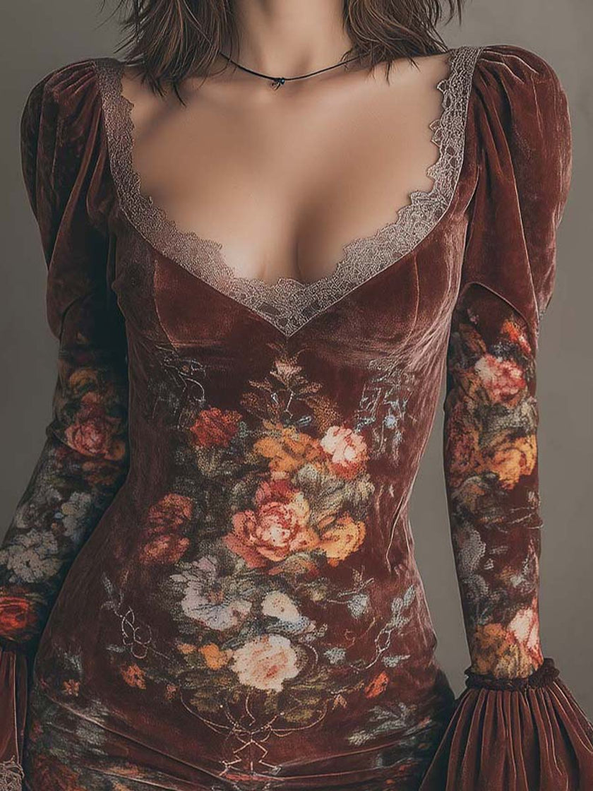 FJØRNA vintage floral velvet lace mini dress with long sleeves, fitted silhouette, and intricate lace detailing.