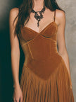 FJØRNA spaghetti strap vintage caramel Swan maxi dress with elegant flowing fabric and flattering fit, perfect for summer occasions.