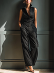 FJØRNA women's cotton-linen sleeveless jumpsuit with collared neckline, cargo pockets, and wide-leg pants, casual and comfortable.