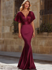 FJØRNA satin flutter sleeve mermaid evening dress for women, showcasing elegant fit and flowing fabric on a model.