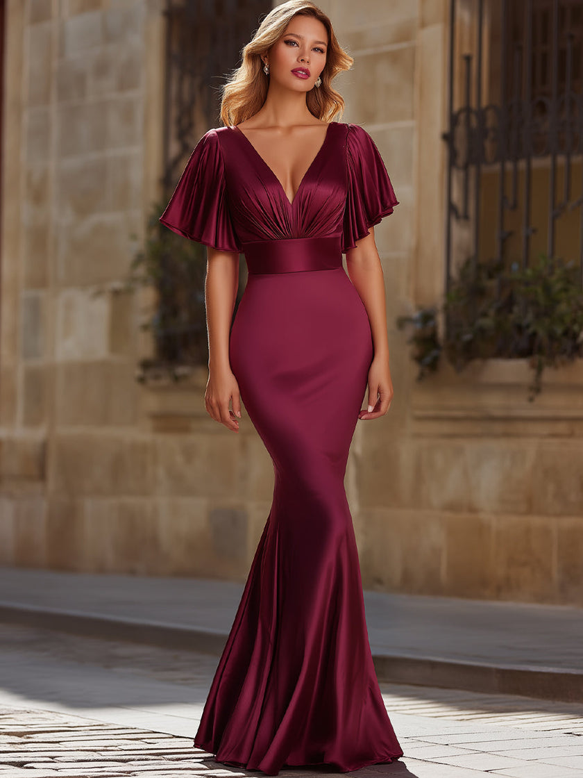 FJØRNA satin flutter sleeve mermaid evening dress for women, showcasing elegant fit and flowing fabric on a model.